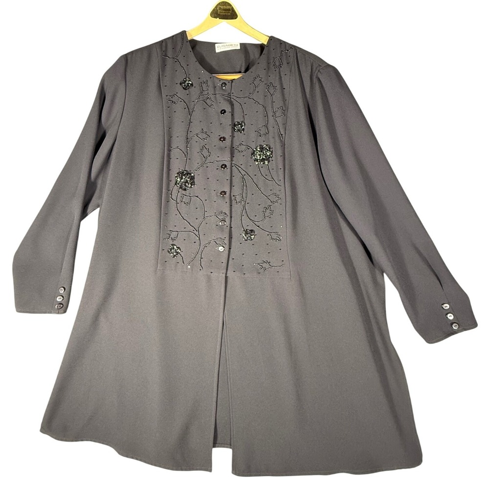 Vintage Liz Claiborne Black Beaded Lightweight Airy Longline Blouse Jacket